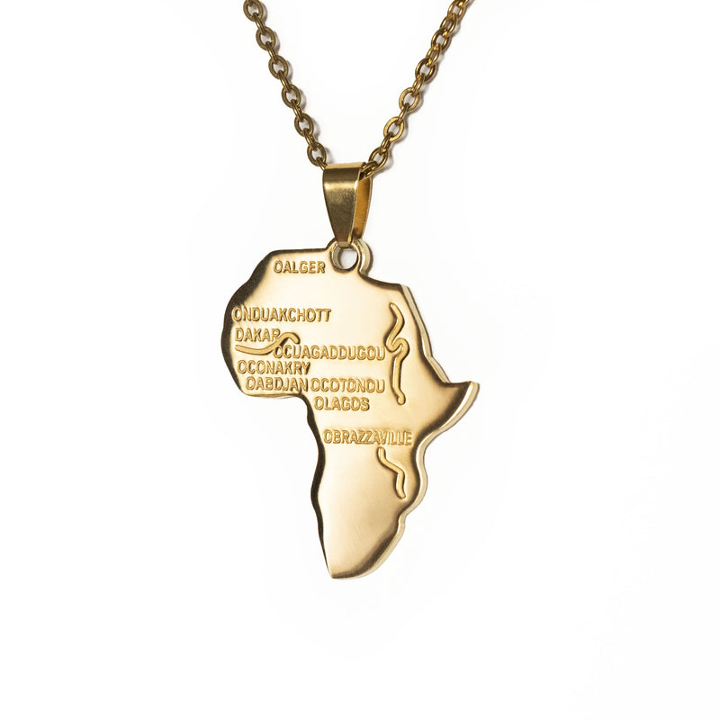 Major Cities of Africa, Pendant Necklace Gold / Small 1.3L x 1W / Faux Leather Cord
